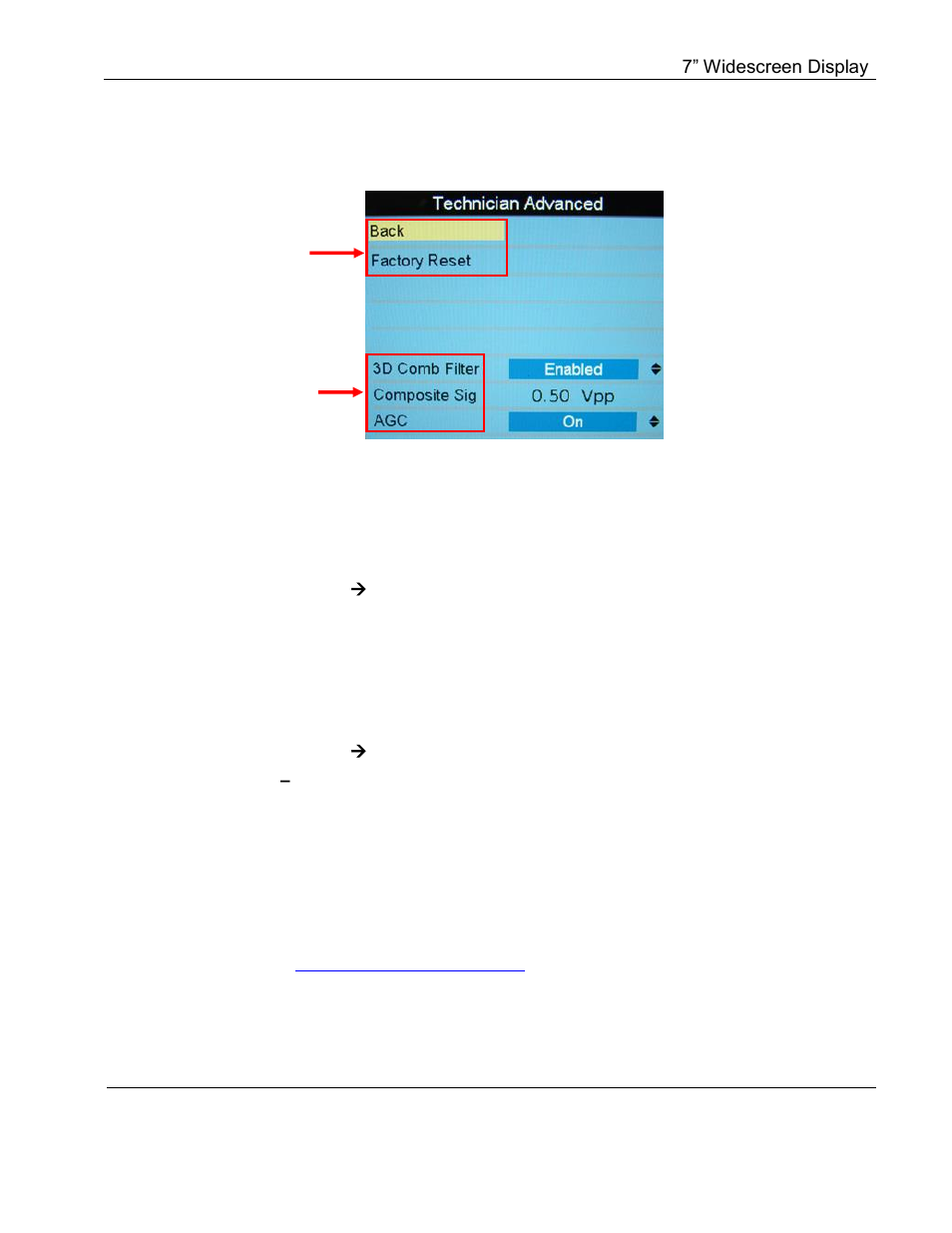 Technician advanced submenu, Factory reset, 3d comb filter | Composite sig (signal) | Rosen Aviation 7004 Series : 7 inch WideScreen User Manual | Page 22 / 31