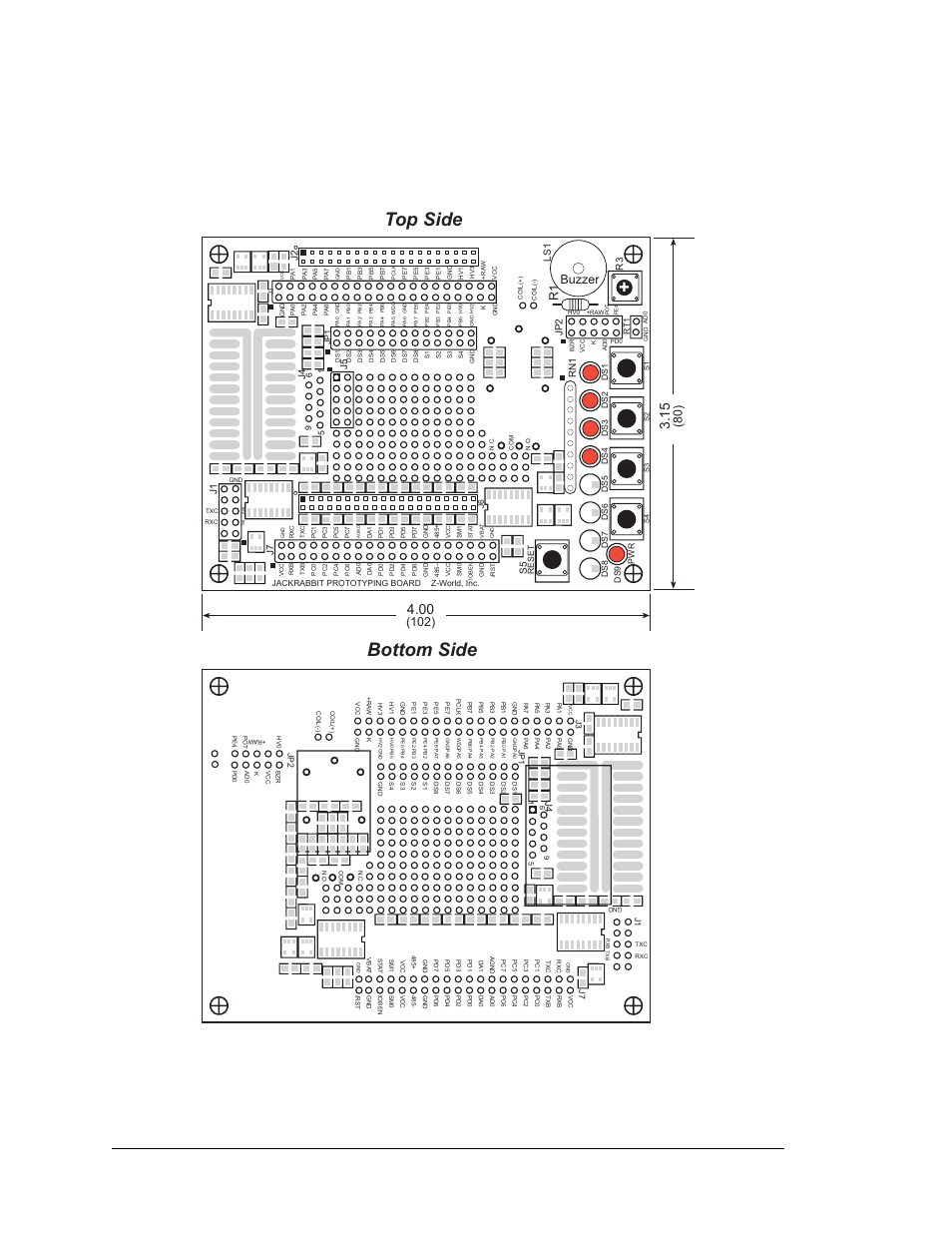 B.2 mechanical dimensions and layout, Bottom side top side, Figure b-2. jackrabbit prototyping board | Buzzer, J1 j7 j2 j5, Rn1 s5 | Digi JACKRABBIT BL1800 User Manual | Page 76 / 94