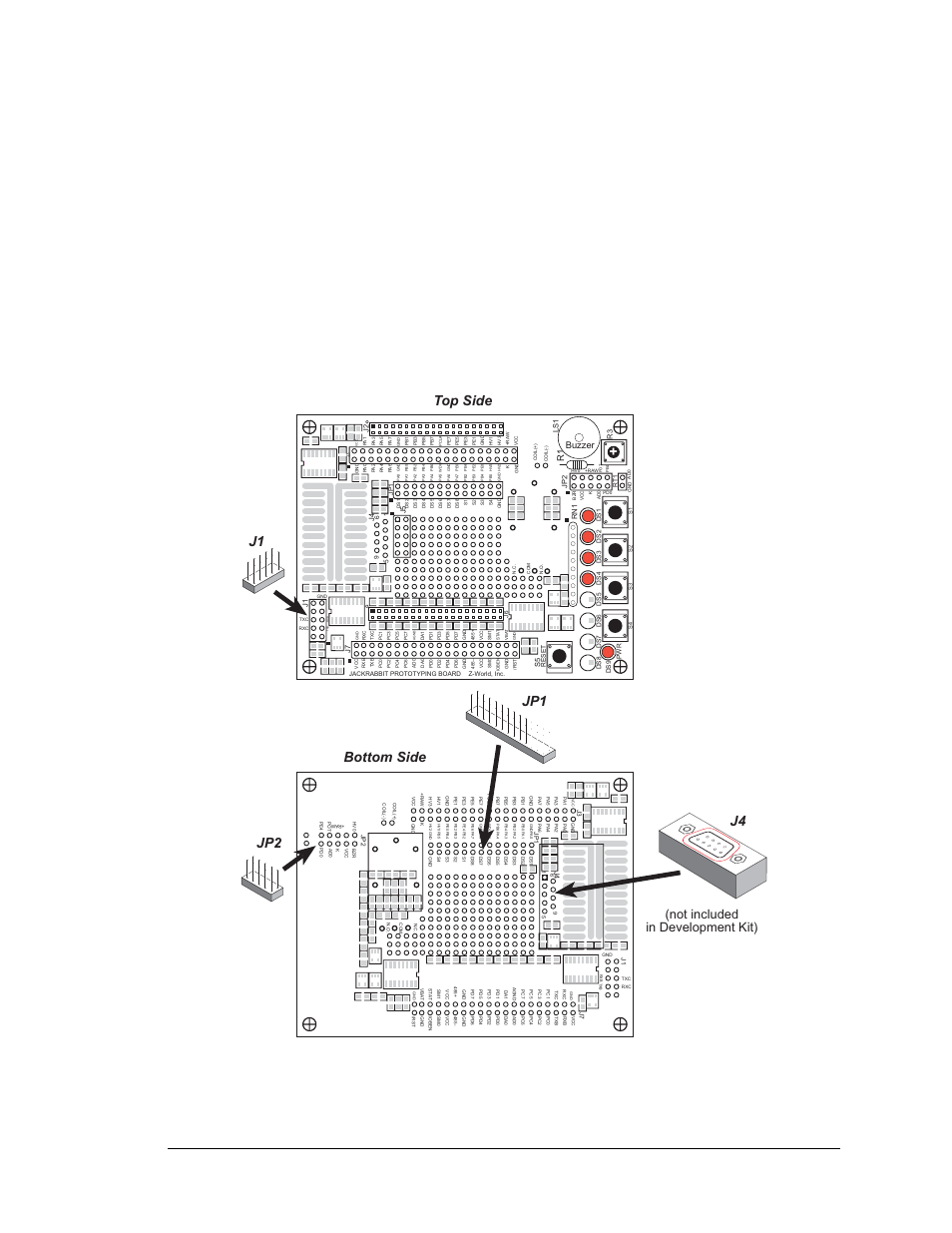 B.3 using the prototyping board, Figure b-3. where to solder additional headers, User’s manual 73 | Bottom side top side, J1 jp1 j4, Not included in development kit), Buzzer | Digi JACKRABBIT BL1800 User Manual | Page 77 / 94