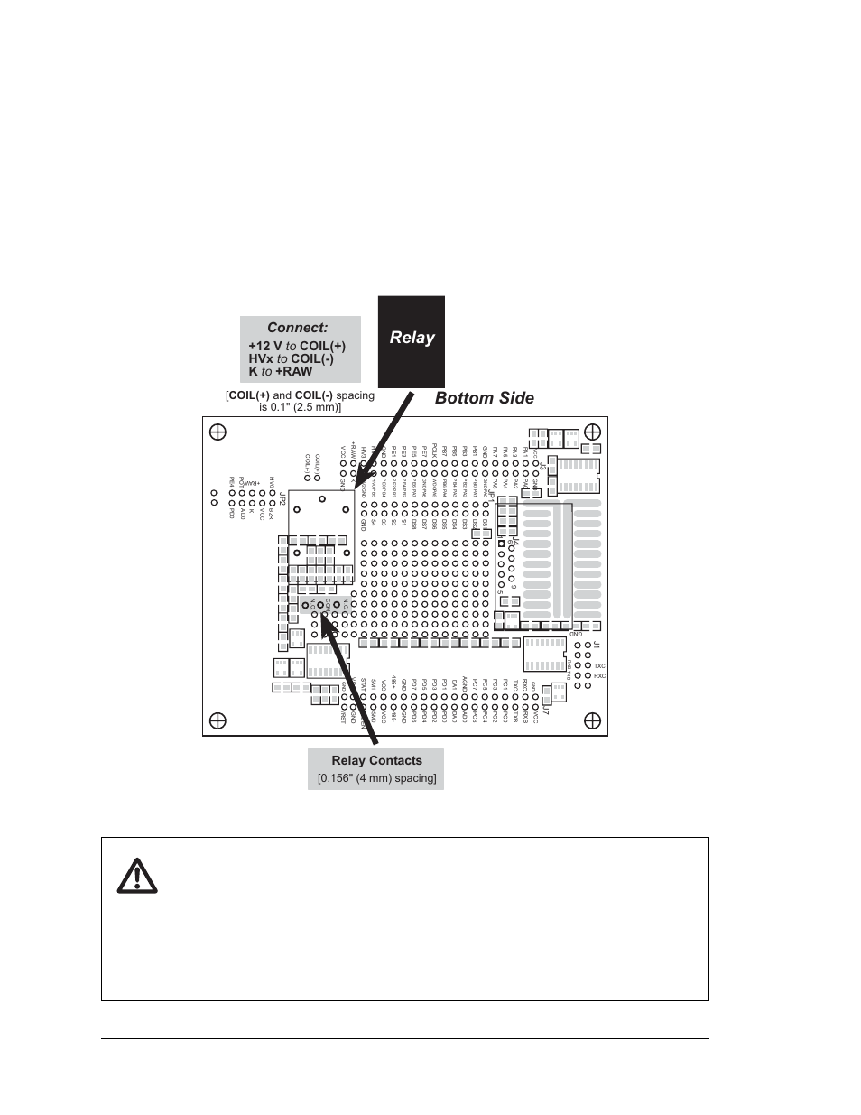 B.3.1 demonstration board, Bottom side relay, Connect | Relay contacts, 12 v to coil(+) hvx to coil(-) k to +raw | Digi JACKRABBIT BL1800 User Manual | Page 78 / 94