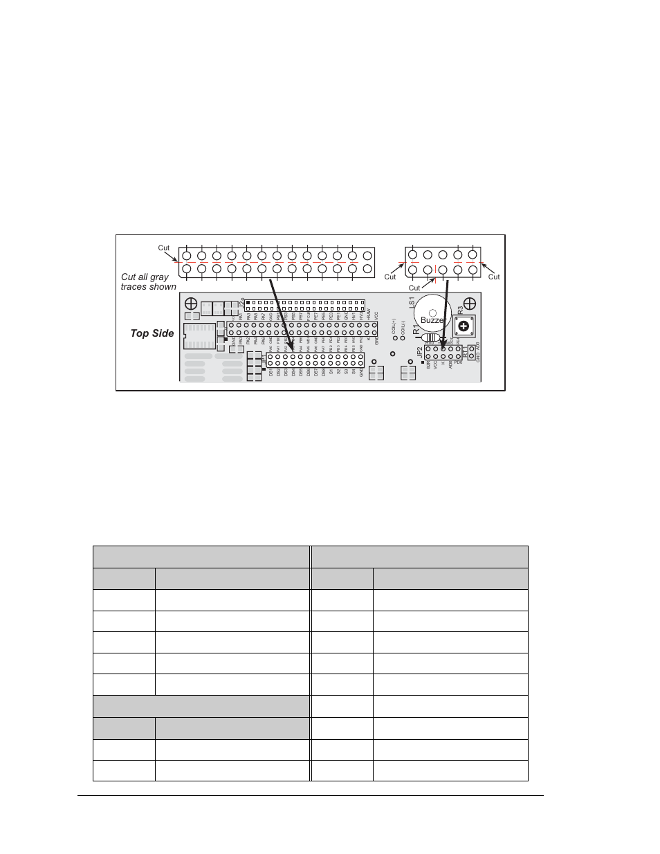 B.3.2 prototyping board, Table b-1. prototyping board jumper settings, Top side | Cut all gray traces shown | Digi JACKRABBIT BL1800 User Manual | Page 80 / 94