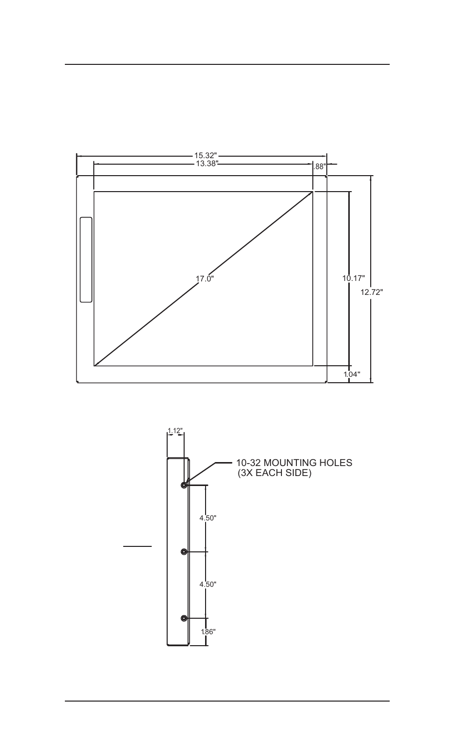 Display diagram, Main interface signal, Front | Outline dimensions (inches) | Rosen Aviation 1700 Series : 17 inch SlimLine User Manual | Page 5 / 23