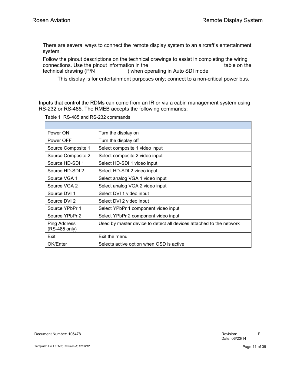 Pinout connections, Rs-232 and rs-485 control inputs | Rosen Aviation 19-55  : Remote electronics User Manual | Page 11 / 38