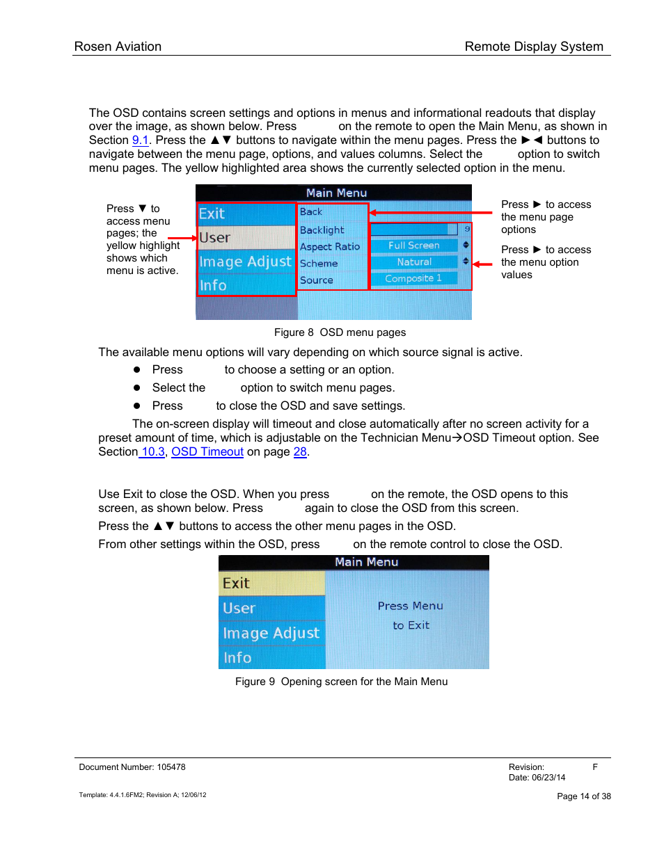 Osd menu options, Exit, Osd menu | Options | Rosen Aviation 19-55  : Remote electronics User Manual | Page 14 / 38