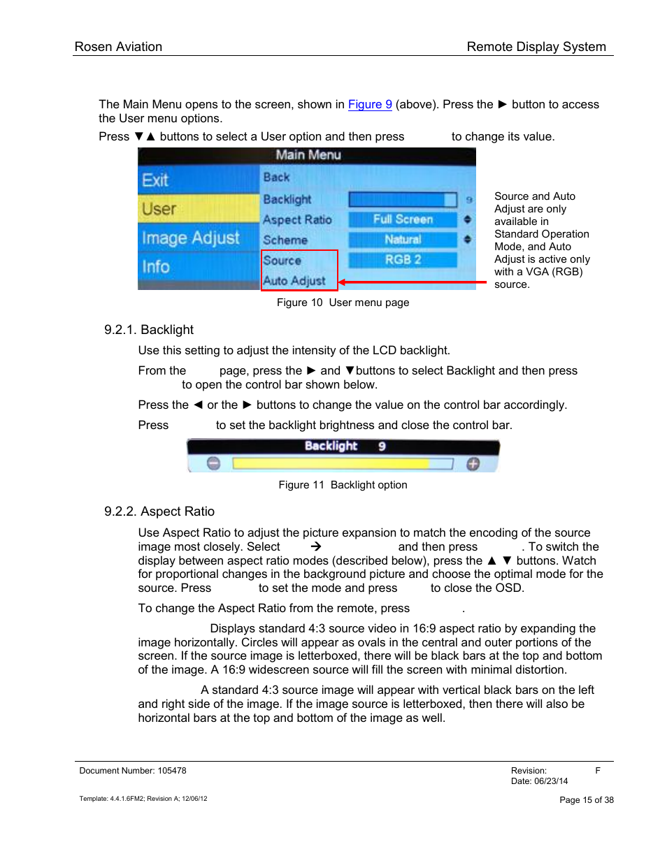 User menu, Backlight, Aspect ratio | Rosen Aviation 19-55  : Remote electronics User Manual | Page 15 / 38