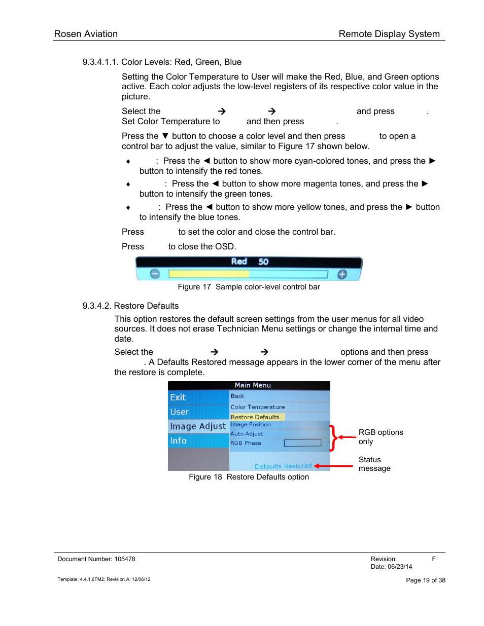 Color levels: red, green, blue, Restore defaults | Rosen Aviation 19-55  : Remote electronics User Manual | Page 19 / 38