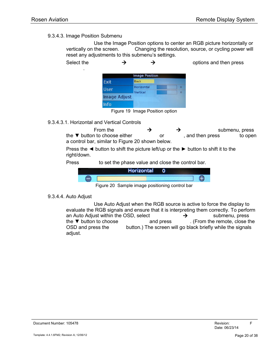 Image position submenu, Horizontal and vertical controls, Auto adjust | Rosen Aviation 19-55  : Remote electronics User Manual | Page 20 / 38
