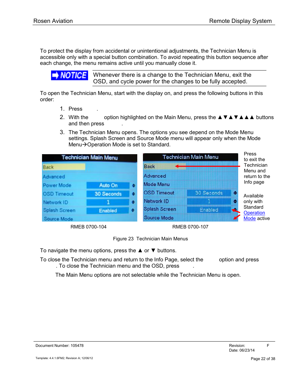 Technician menu | Rosen Aviation 19-55  : Remote electronics User Manual | Page 22 / 38