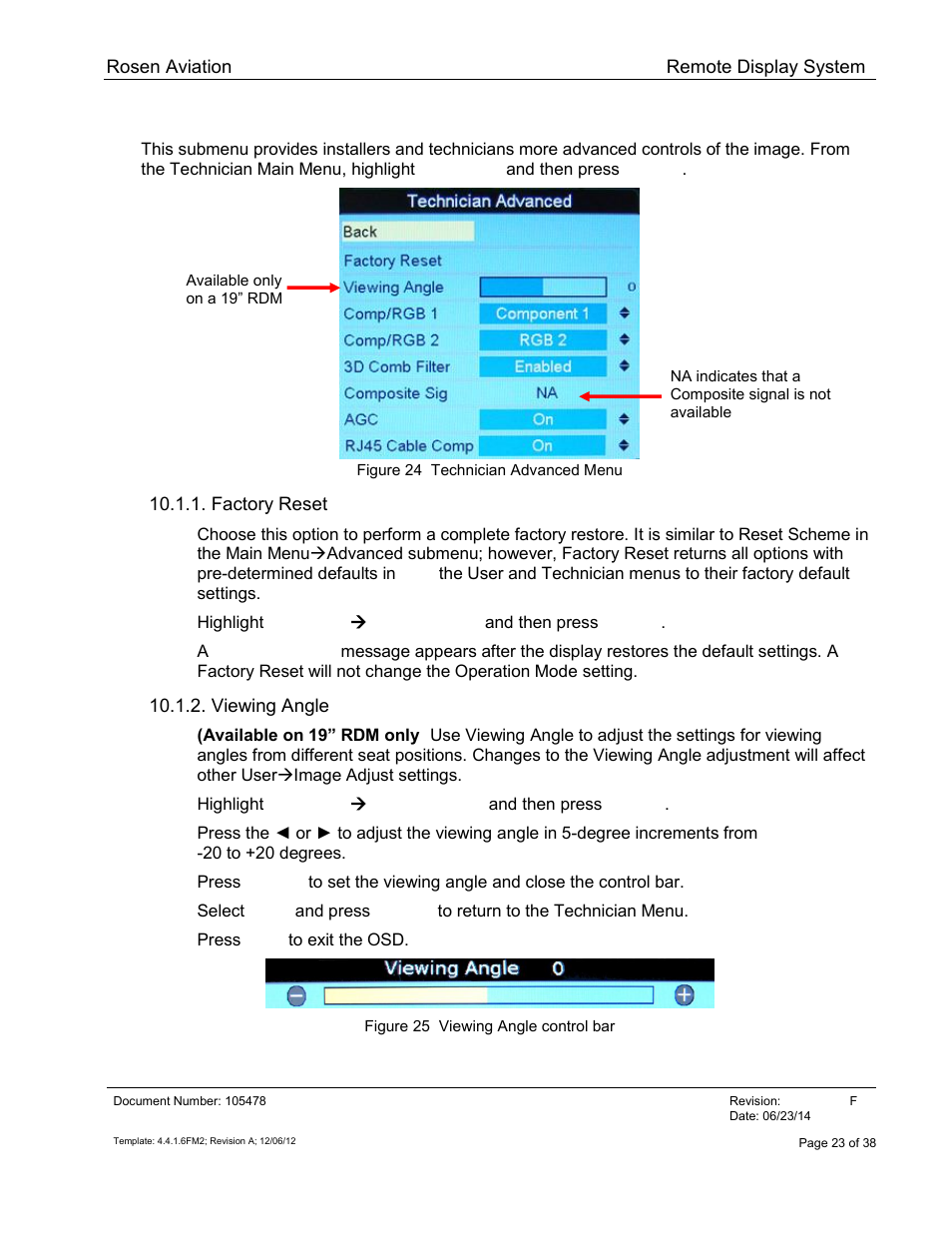 Advanced technician menu, Factory reset, Viewing angle | Rosen Aviation 19-55  : Remote electronics User Manual | Page 23 / 38