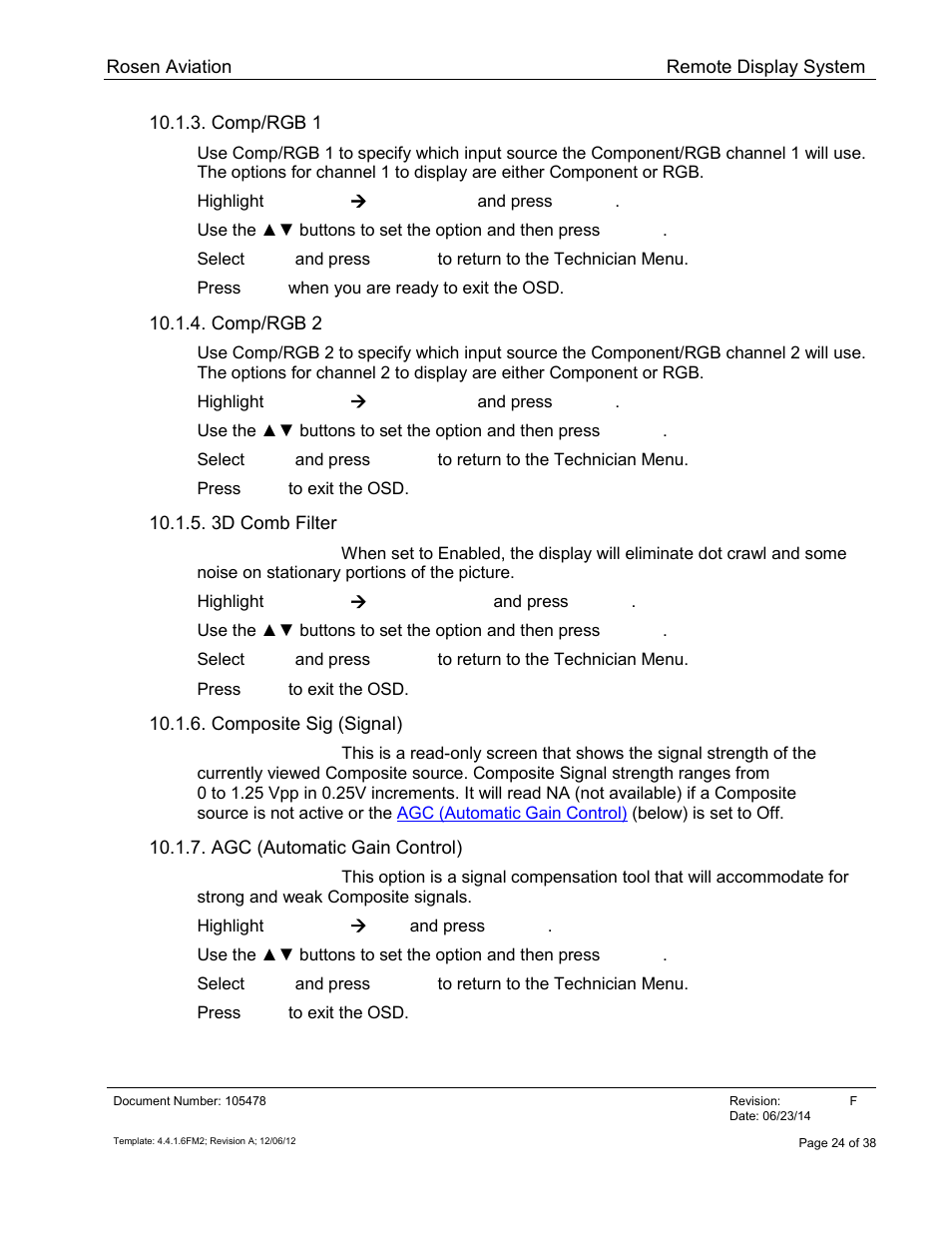 Comp/rgb 1, Comp/rgb 2, 3d comb filter | Composite sig (signal), Agc (automatic gain control) | Rosen Aviation 19-55  : Remote electronics User Manual | Page 24 / 38