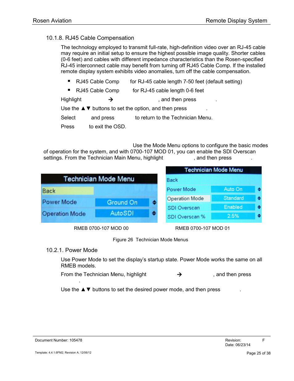 Rj45 cable compensation, Mode menu, Power mode | Rosen Aviation 19-55  : Remote electronics User Manual | Page 25 / 38
