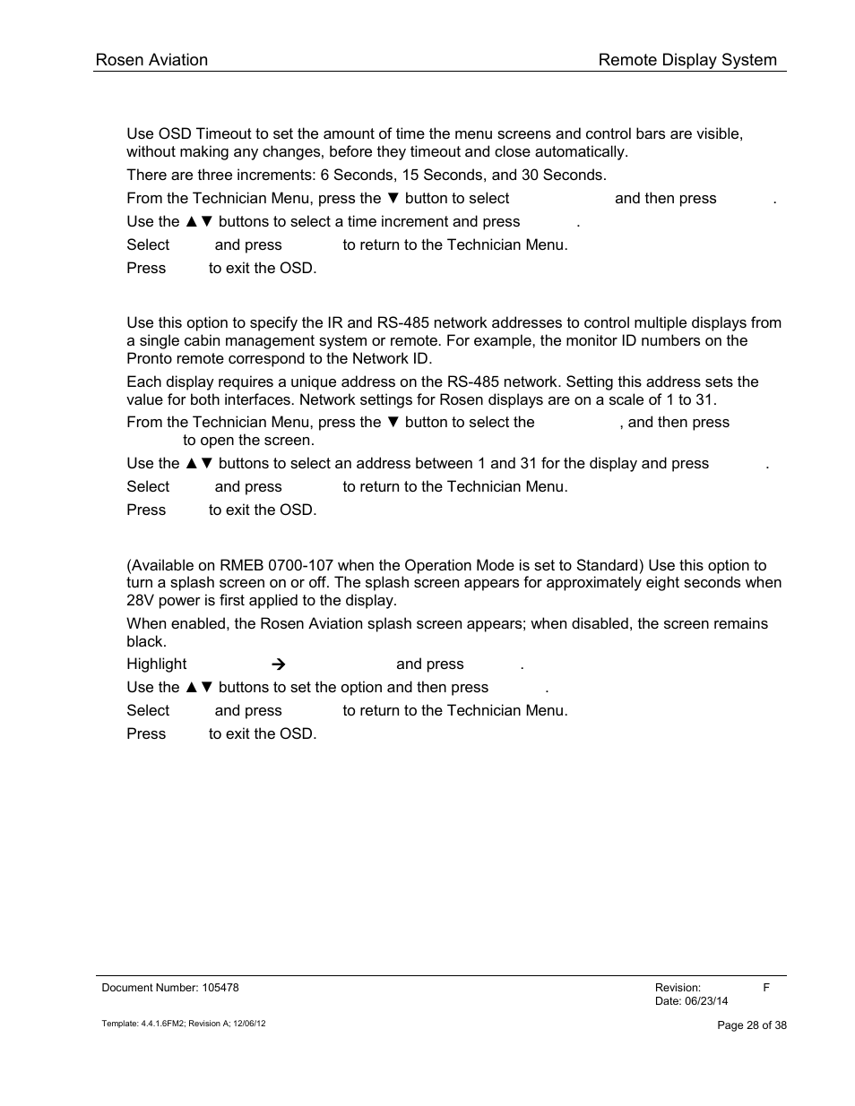 Osd timeout, Network id, Splash screen | Rosen Aviation 19-55  : Remote electronics User Manual | Page 28 / 38