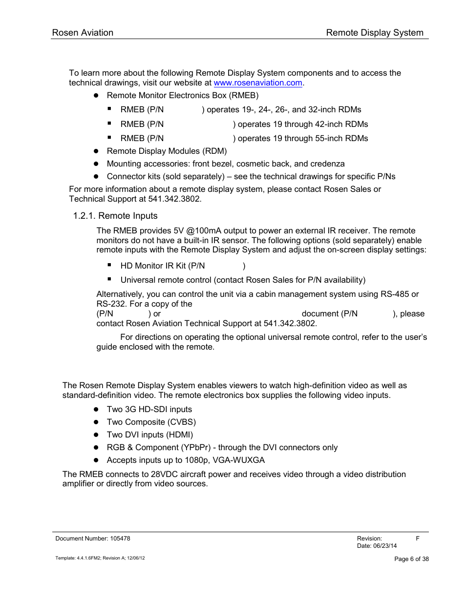 System components, Remote inputs, Video inputs | Rosen Aviation 19-55  : Remote electronics User Manual | Page 6 / 38