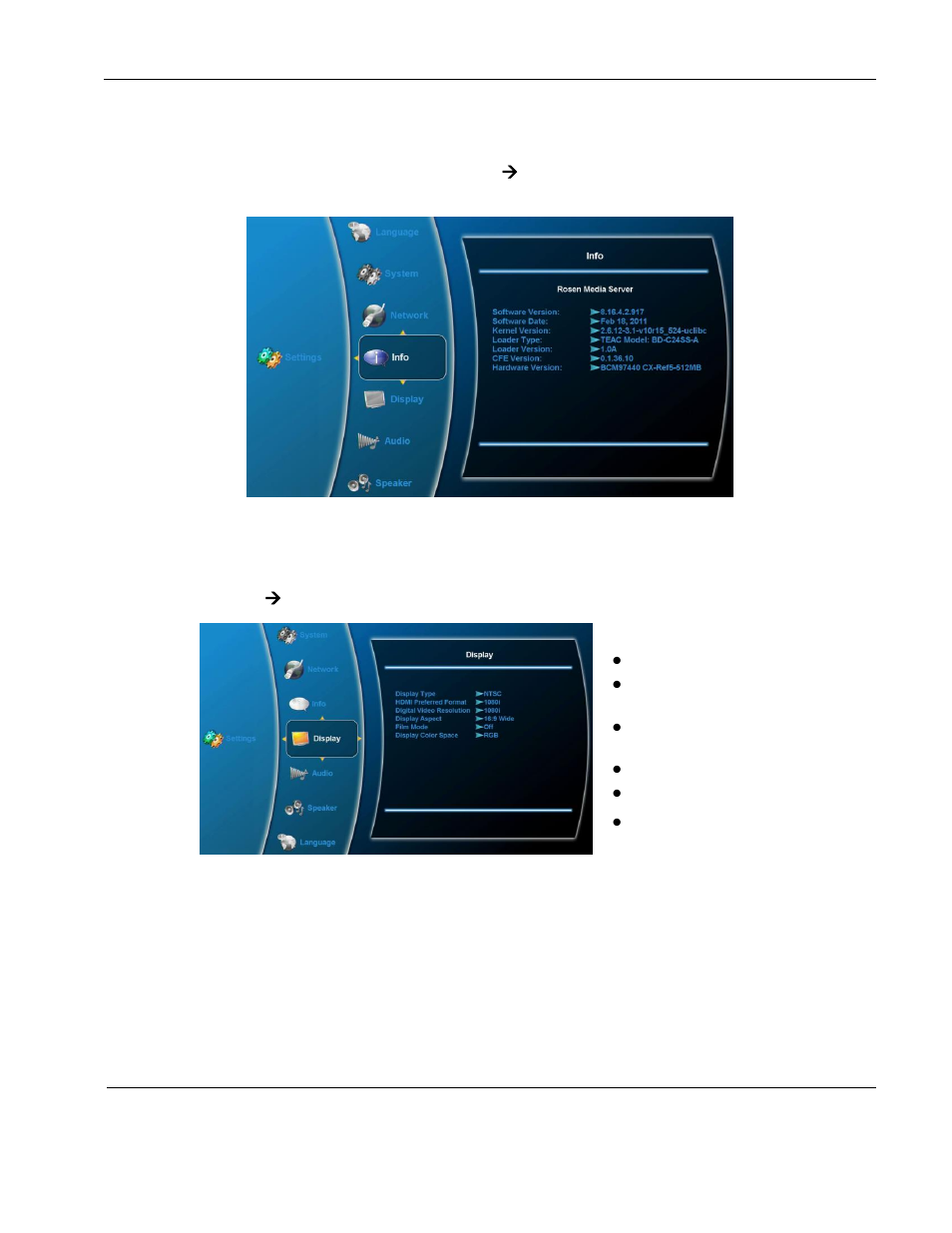 Info submenu, Display submenu | Rosen Aviation 0602 Series : Single-Disc Blu-ray Player with SDI User Manual | Page 20 / 33