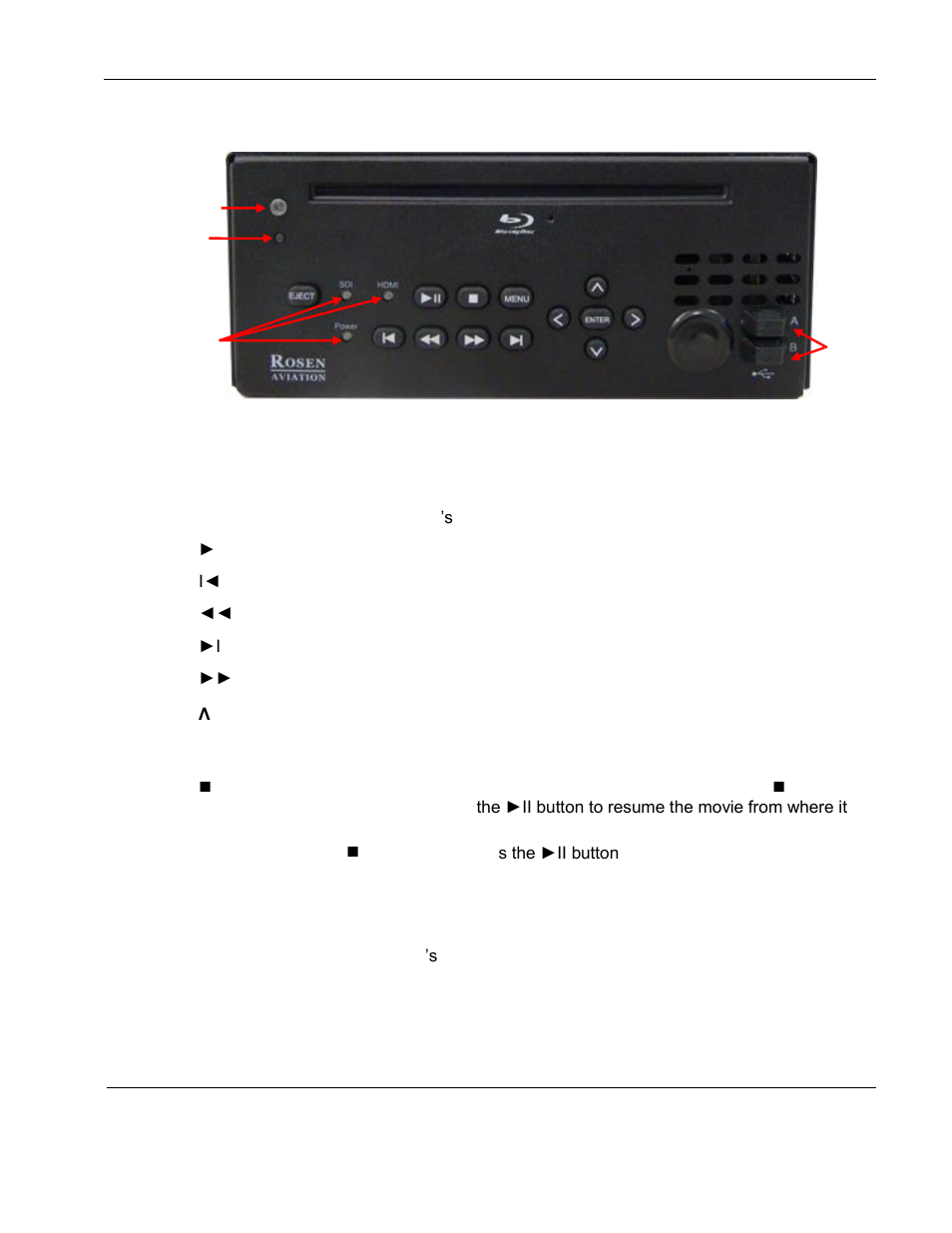 Indicators, controls, and connections, Front case, Button controls | Rosen Aviation 0602 Series : Single-Disc Blu-ray Player with SDI User Manual | Page 9 / 33