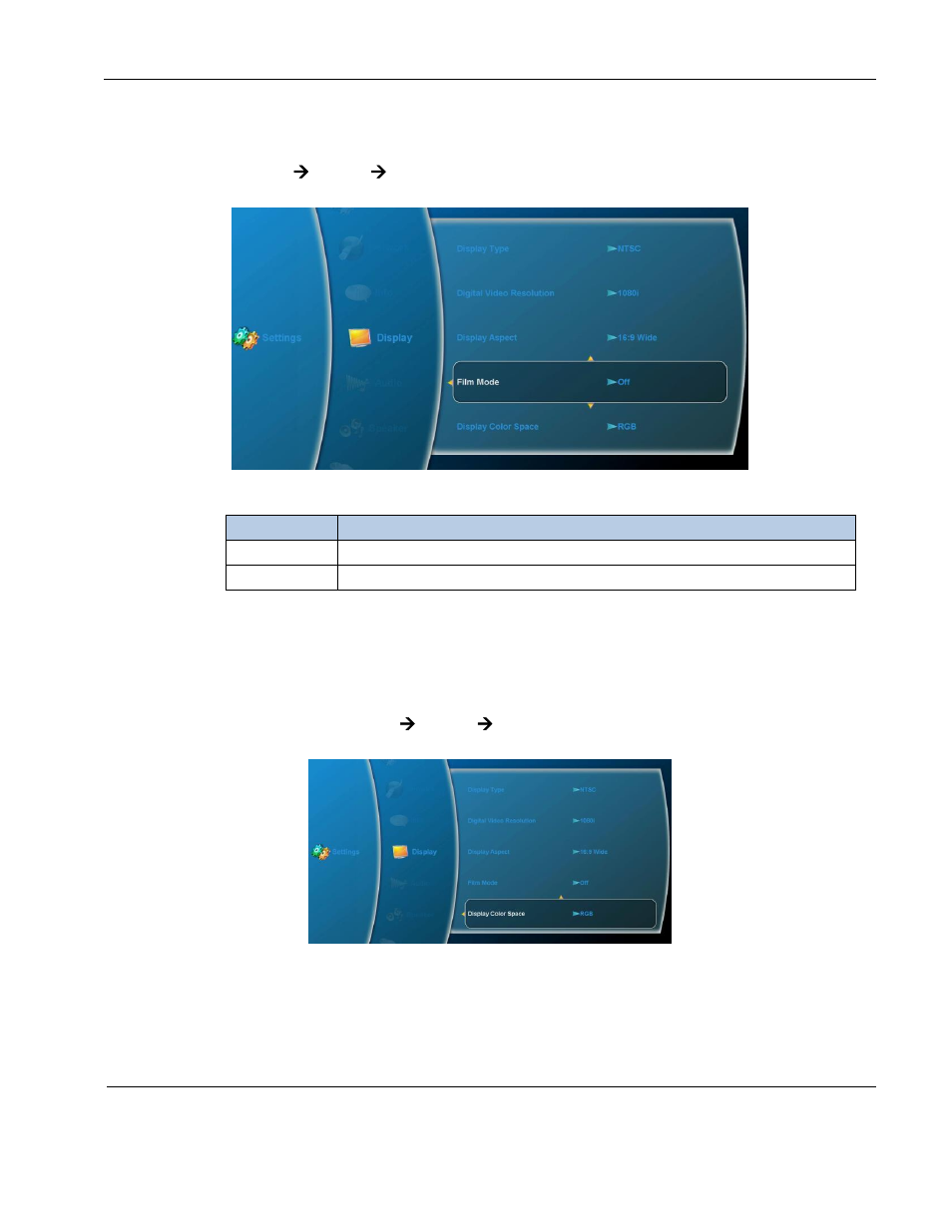 Film mode, Display color space | Rosen Aviation 0602 Series : Dual Blu-ray Player User Manual | Page 26 / 41