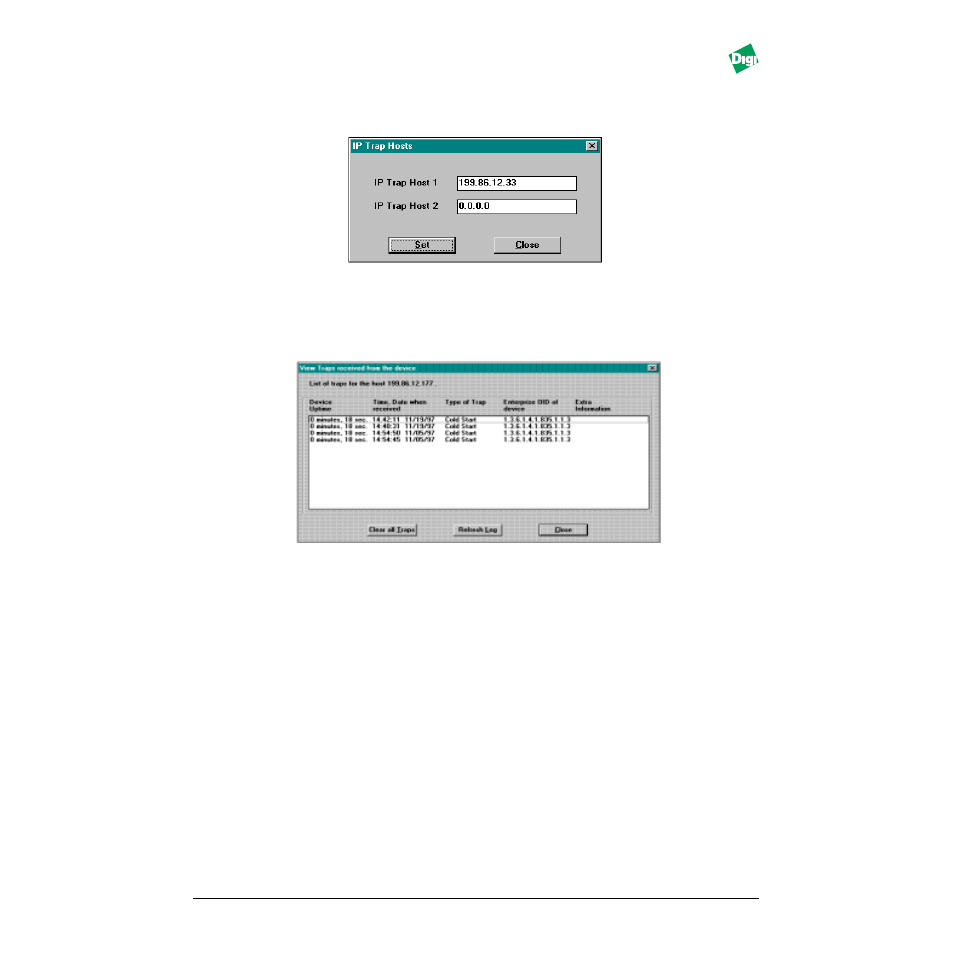 Figure - figure 10-4. ip traps manager, Figure - figure 10-5. traps found screen, Heading2 - 10.3.2 uptime | Heading2 - 10.3.3 reset, Heading2 - 10.3.4 digi logo, Uptime -3 reset -3 digi logo -3 | Digi MIL-3000FTX User Manual | Page 102 / 163