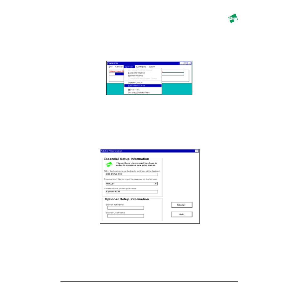 Heading3 - 3.2.5.2 adding queues in digilpr, Figure - figure 3-4. add new queue menu, Adding queues in digilpr -10 | Digi MIL-3000FTX User Manual | Page 35 / 163