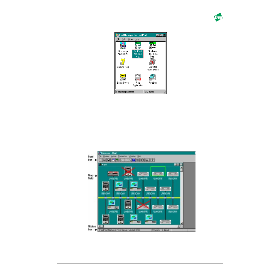 Heading - 9.2 launching discovery, Figure - figure 9-1. fastmanage for fastport menu, Figure - figure 9-2. map 1 discovery application | Launching discovery -2 | Digi MIL-3000FTX User Manual | Page 89 / 163