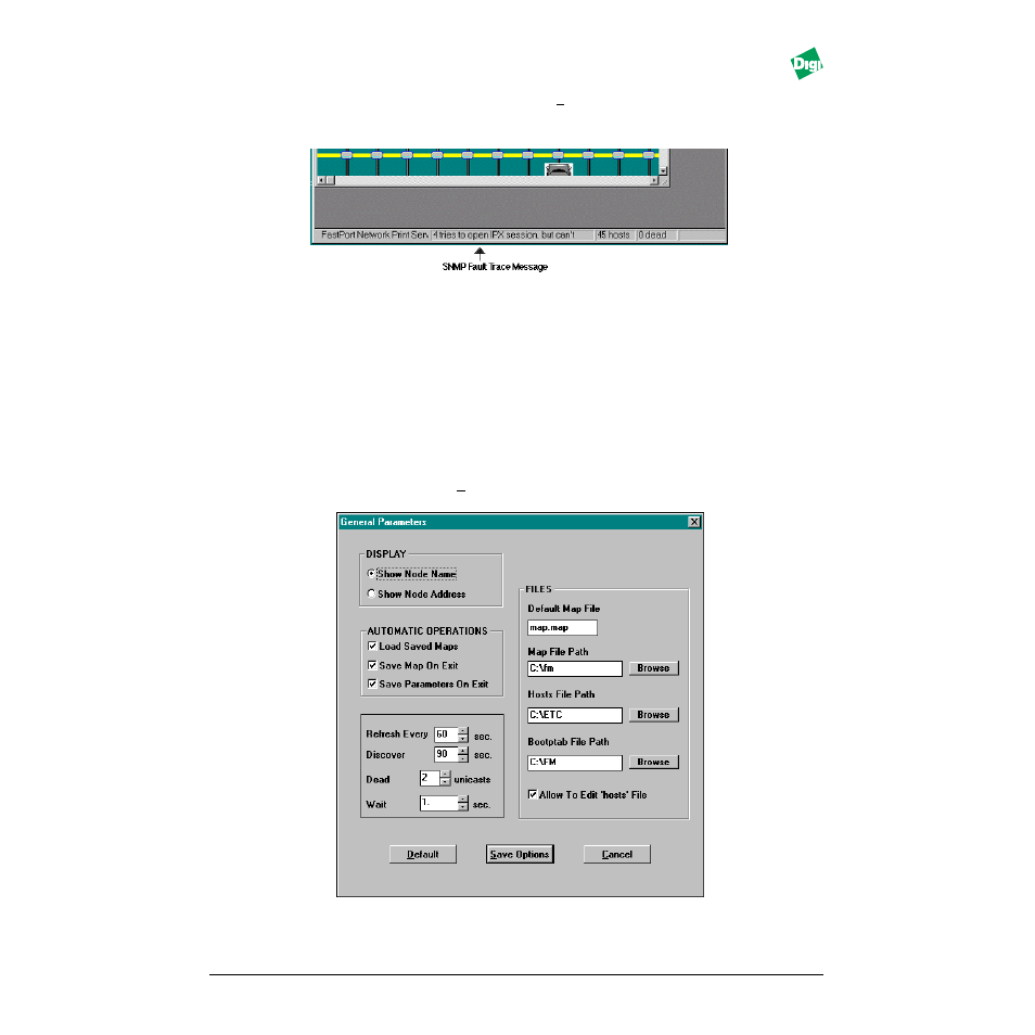 Figure - figure 9-6. snmp fault trace message, Heading - 9.5 parameters pull-down menu, Heading2 - 9.5.1 general parameters | Figure - figure 9-7. general parameters menu, Parameters pull-down menu -8, General parameters -8 | Digi MIL-3000FTX User Manual | Page 95 / 163