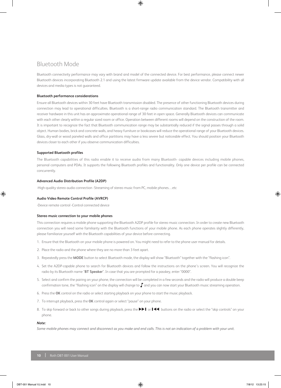 Bluetooth mode | Roth AV DBT-001 : FM/DAB+ Radio with Bluetooth Receiver User Manual | Page 10 / 12