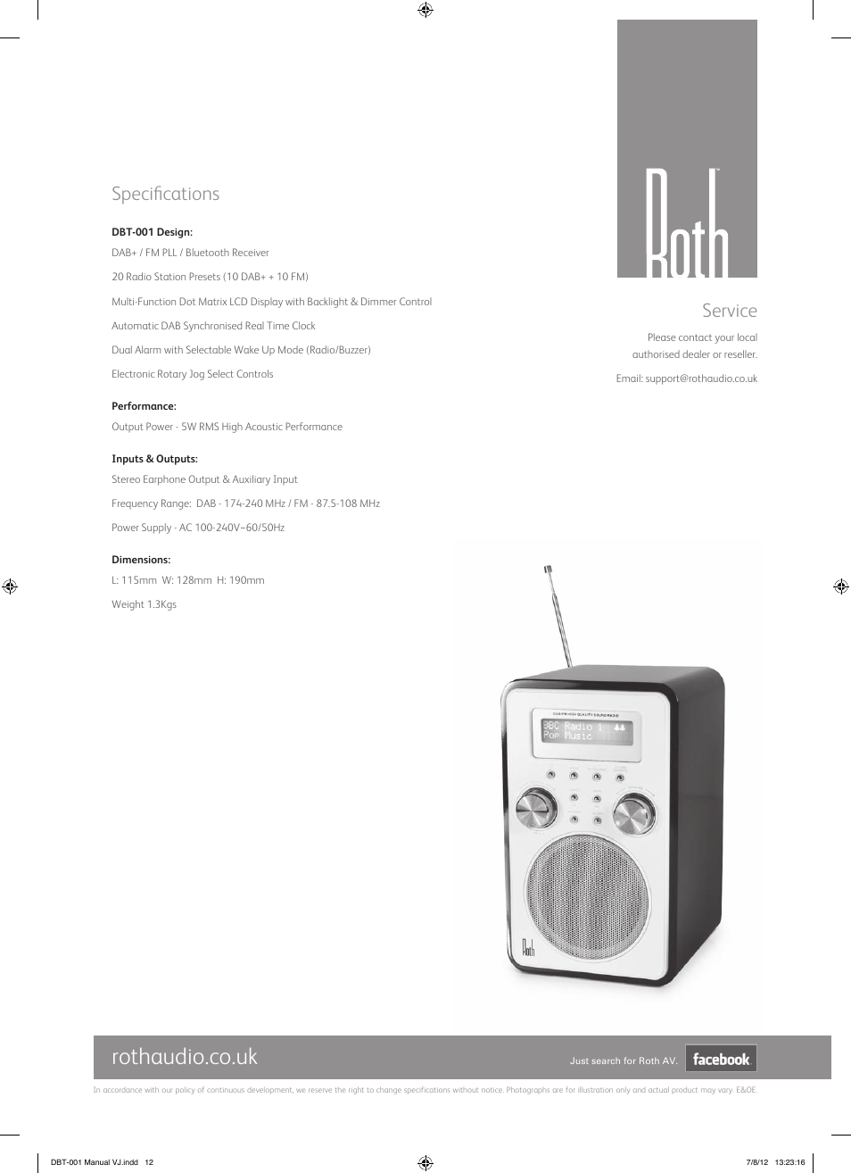 Rothaudio.co.uk, Service, Specifications | Roth AV DBT-001 : FM/DAB+ Radio with Bluetooth Receiver User Manual | Page 12 / 12