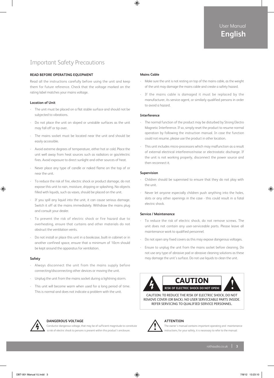 English, Caution, Important safety precautions | User manual | Roth AV DBT-001 : FM/DAB+ Radio with Bluetooth Receiver User Manual | Page 3 / 12