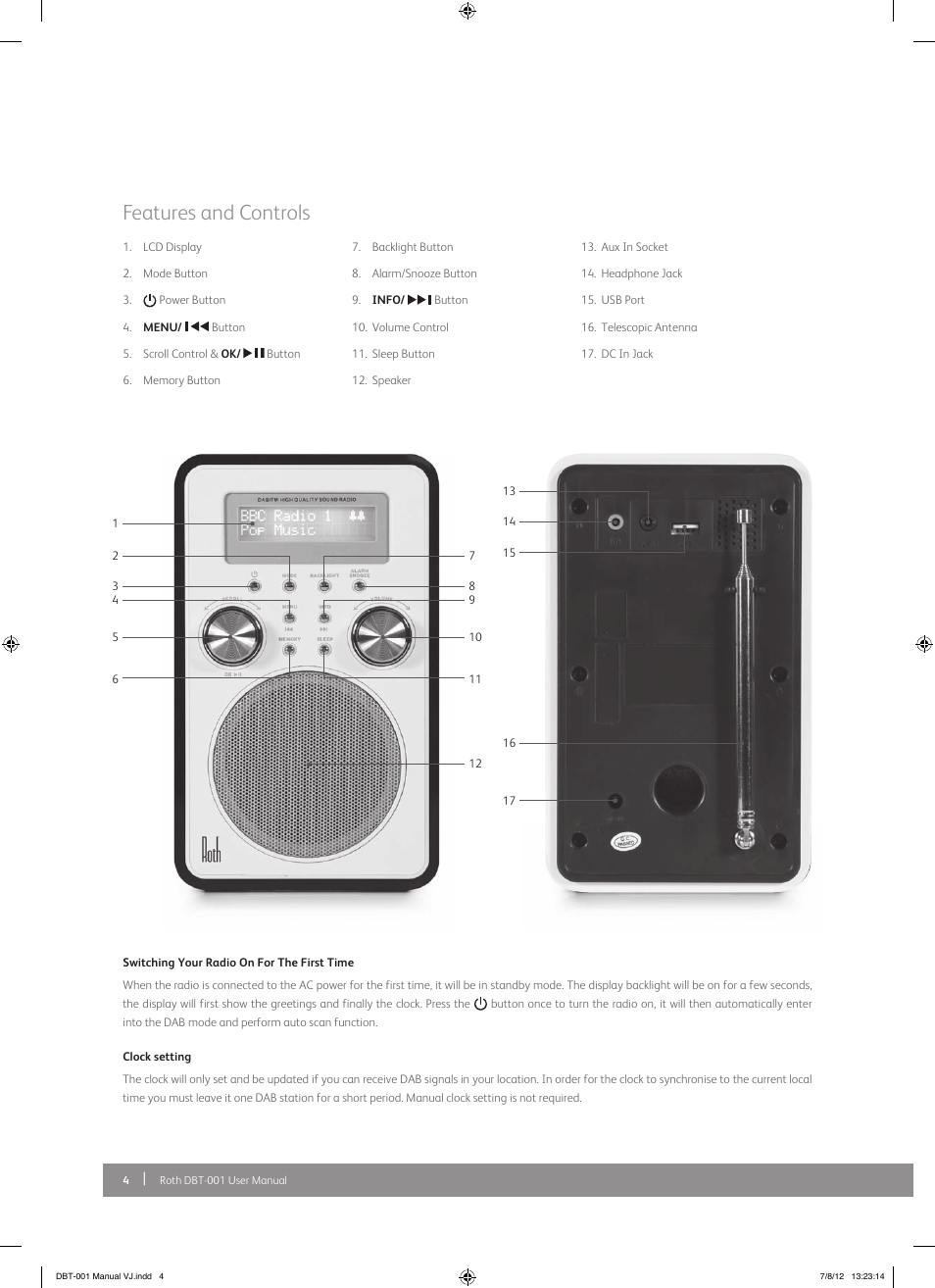 Features and controls | Roth AV DBT-001 : FM/DAB+ Radio with Bluetooth Receiver User Manual | Page 4 / 12