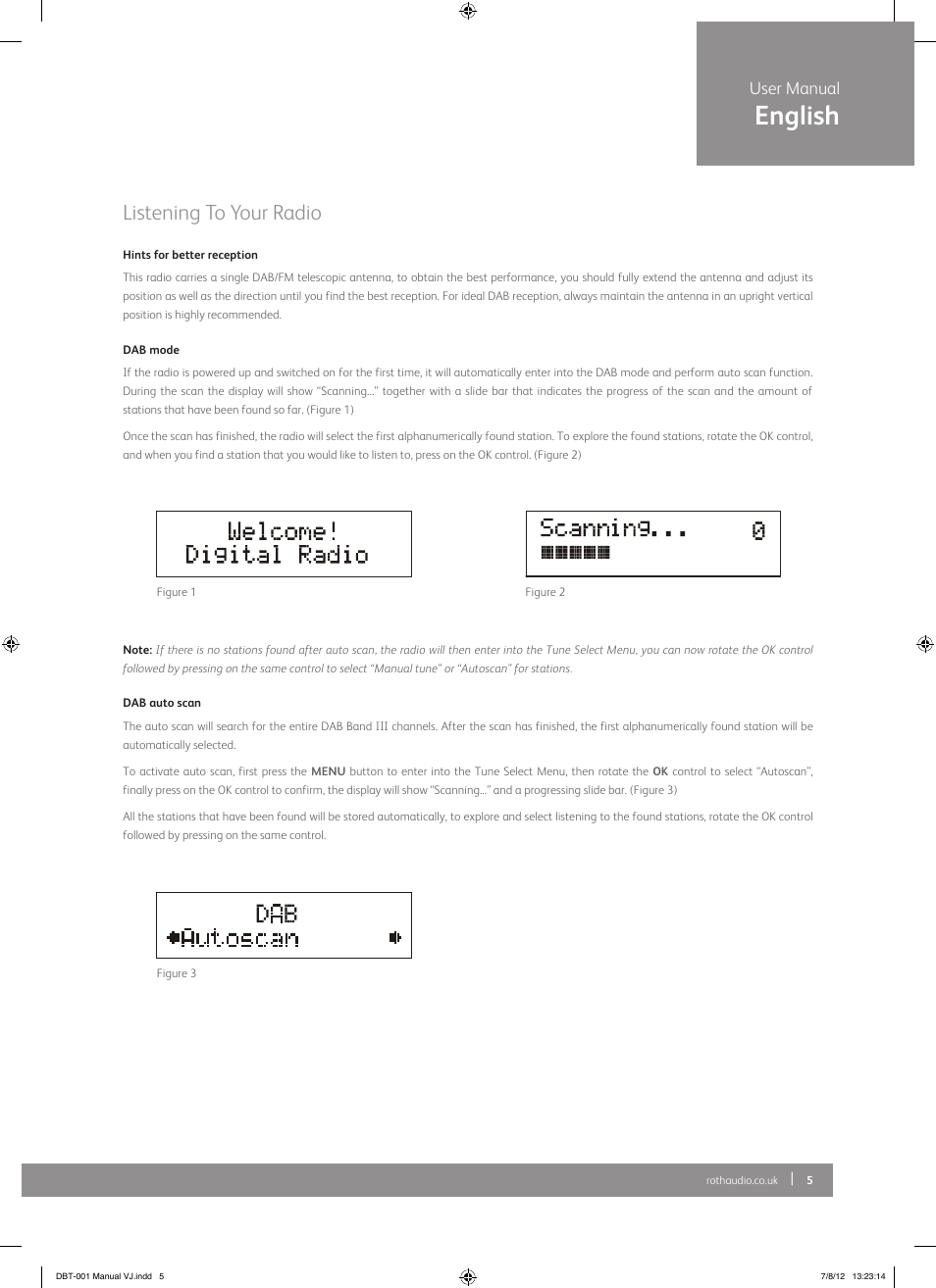 English, Listening to your radio, User manual | Roth AV DBT-001 : FM/DAB+ Radio with Bluetooth Receiver User Manual | Page 5 / 12