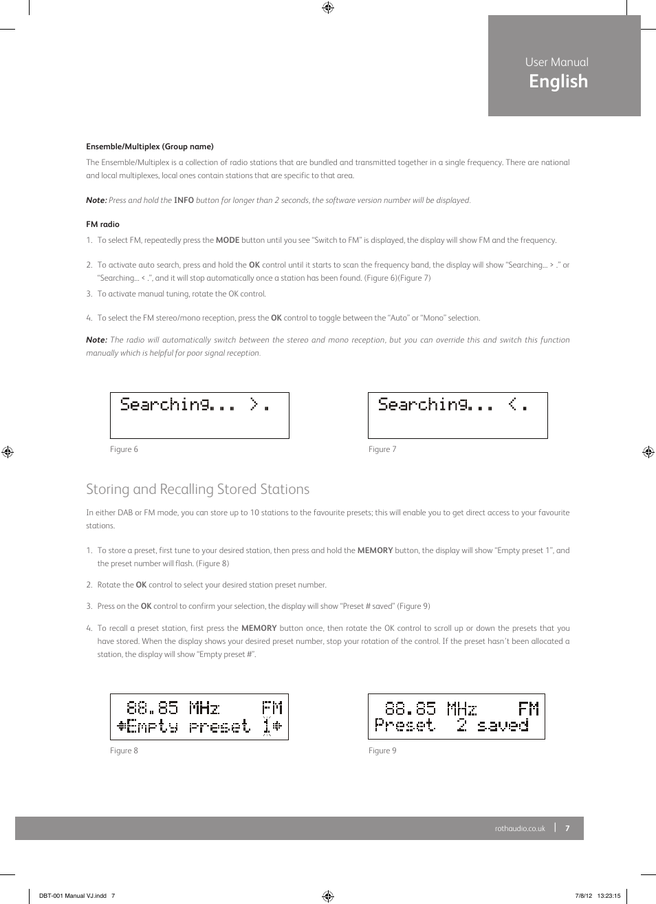 English, Storing and recalling stored stations, User manual | Roth AV DBT-001 : FM/DAB+ Radio with Bluetooth Receiver User Manual | Page 7 / 12