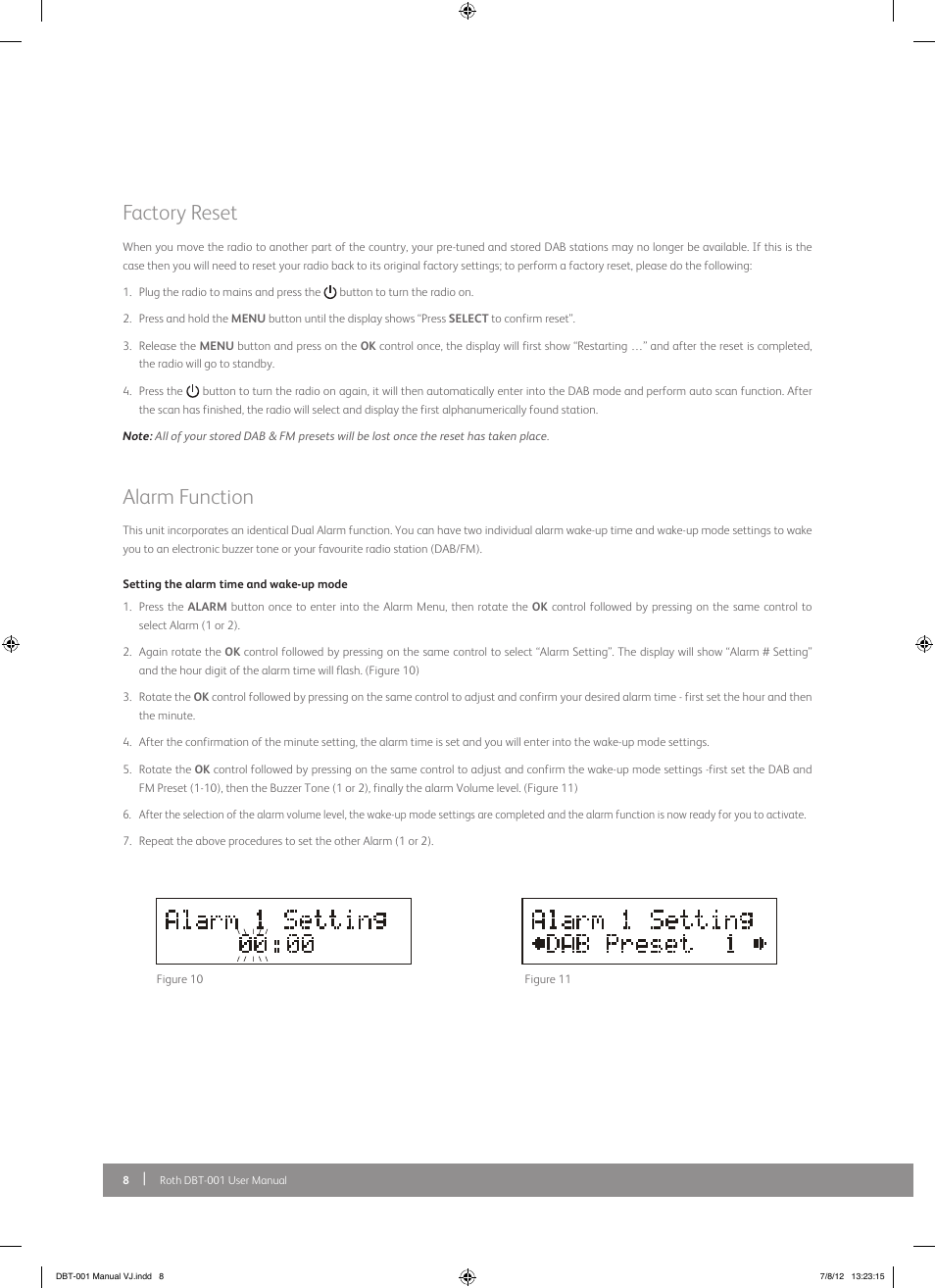 Factory reset, Alarm function | Roth AV DBT-001 : FM/DAB+ Radio with Bluetooth Receiver User Manual | Page 8 / 12