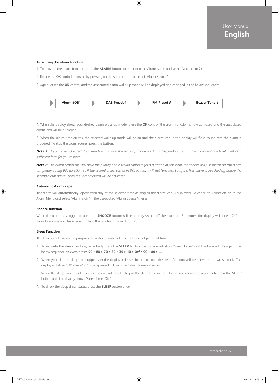 English, User manual | Roth AV DBT-001 : FM/DAB+ Radio with Bluetooth Receiver User Manual | Page 9 / 12