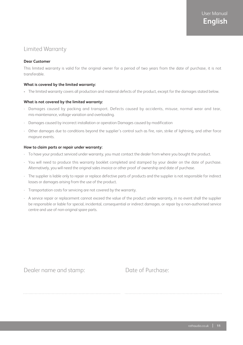 English, Limited warranty, Dealer name and stamp: date of purchase | Roth AV OLi POWA-5 Mk II : Multiple Connectivity Active Monitors User Manual | Page 11 / 12