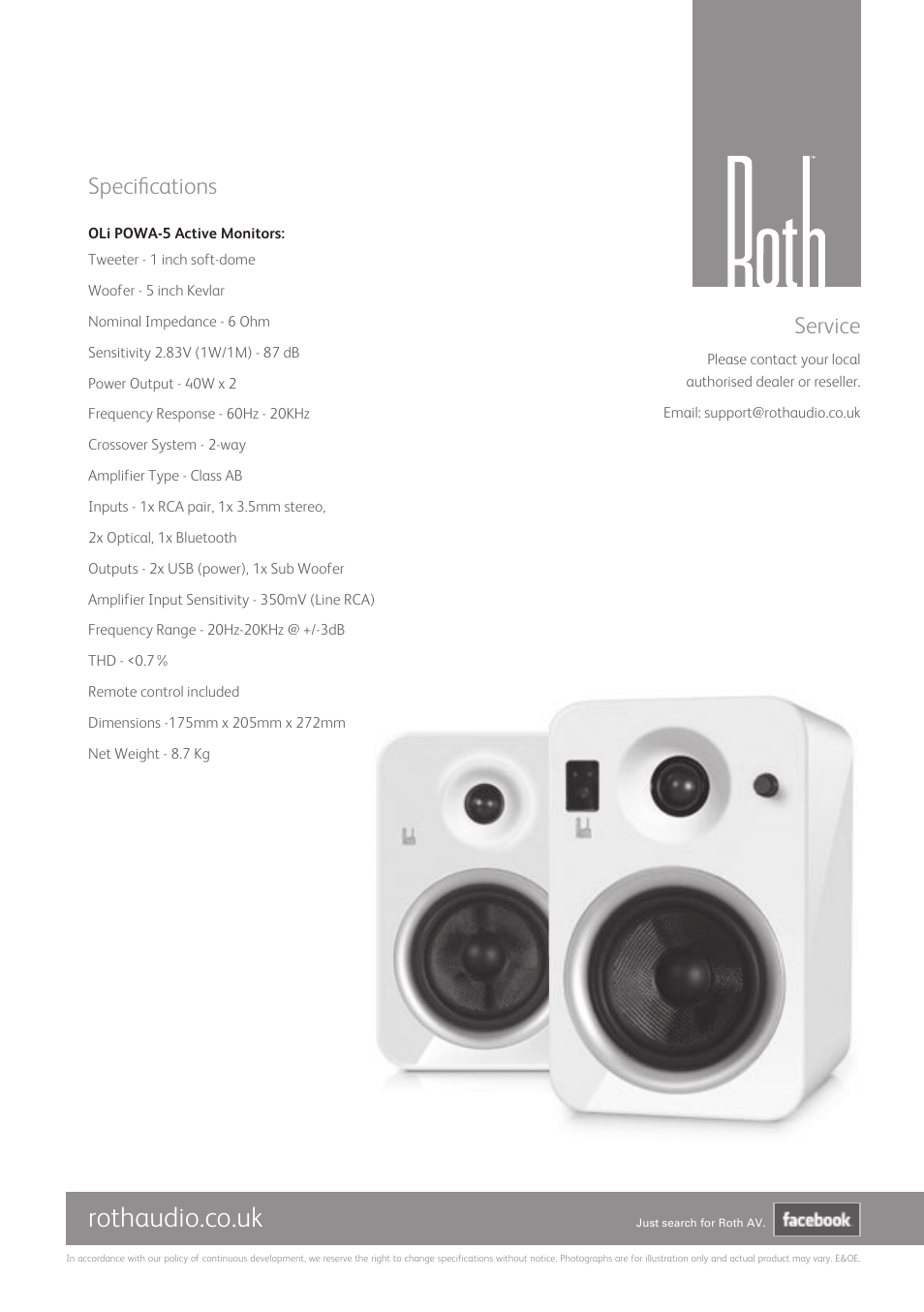 Rothaudio.co.uk, Service, Specifications | Roth AV OLi POWA-5 Mk II : Multiple Connectivity Active Monitors User Manual | Page 12 / 12