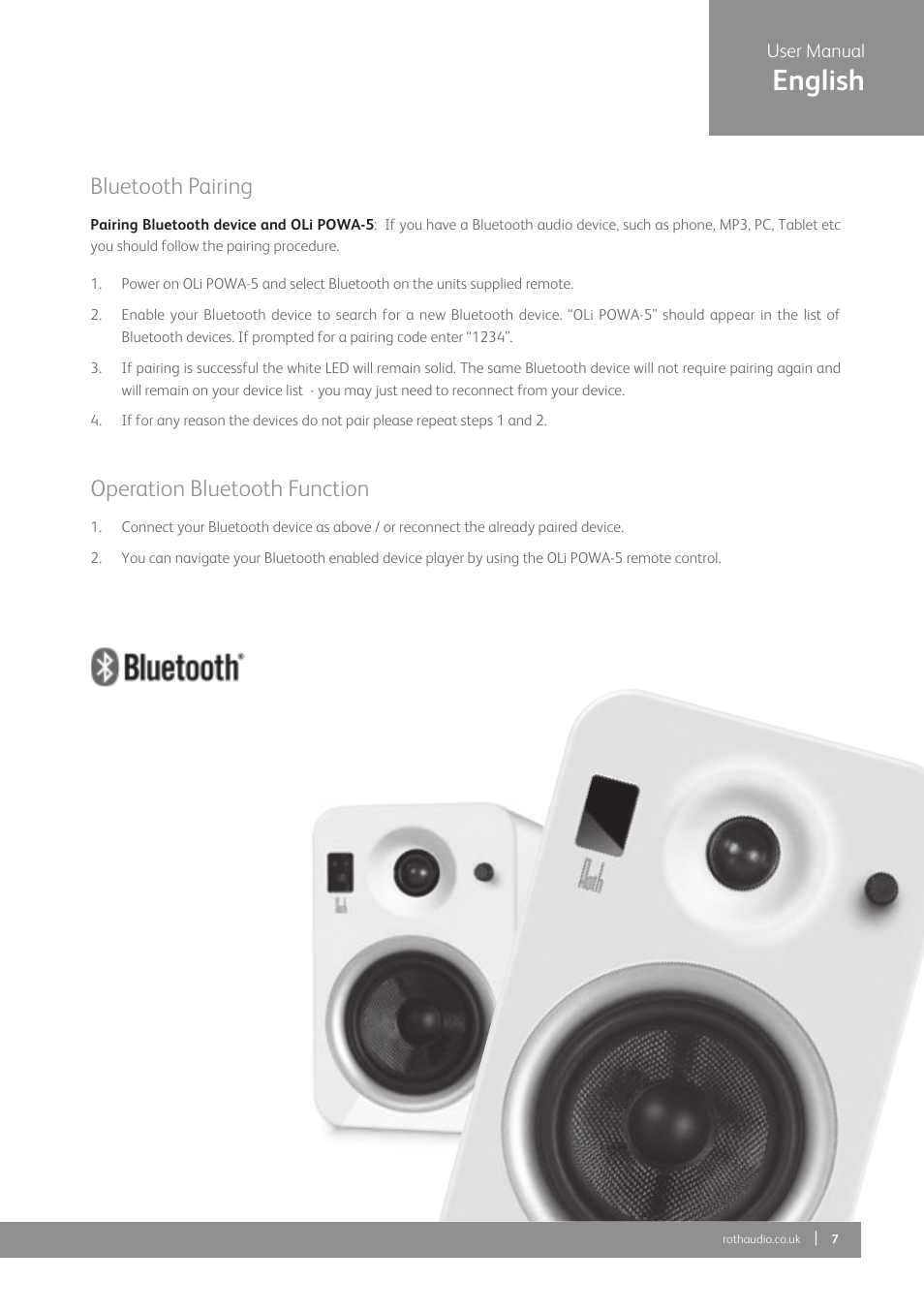 English, Bluetooth pairing, Operation bluetooth function | Roth AV OLi POWA-5 Mk II : Multiple Connectivity Active Monitors User Manual | Page 7 / 12