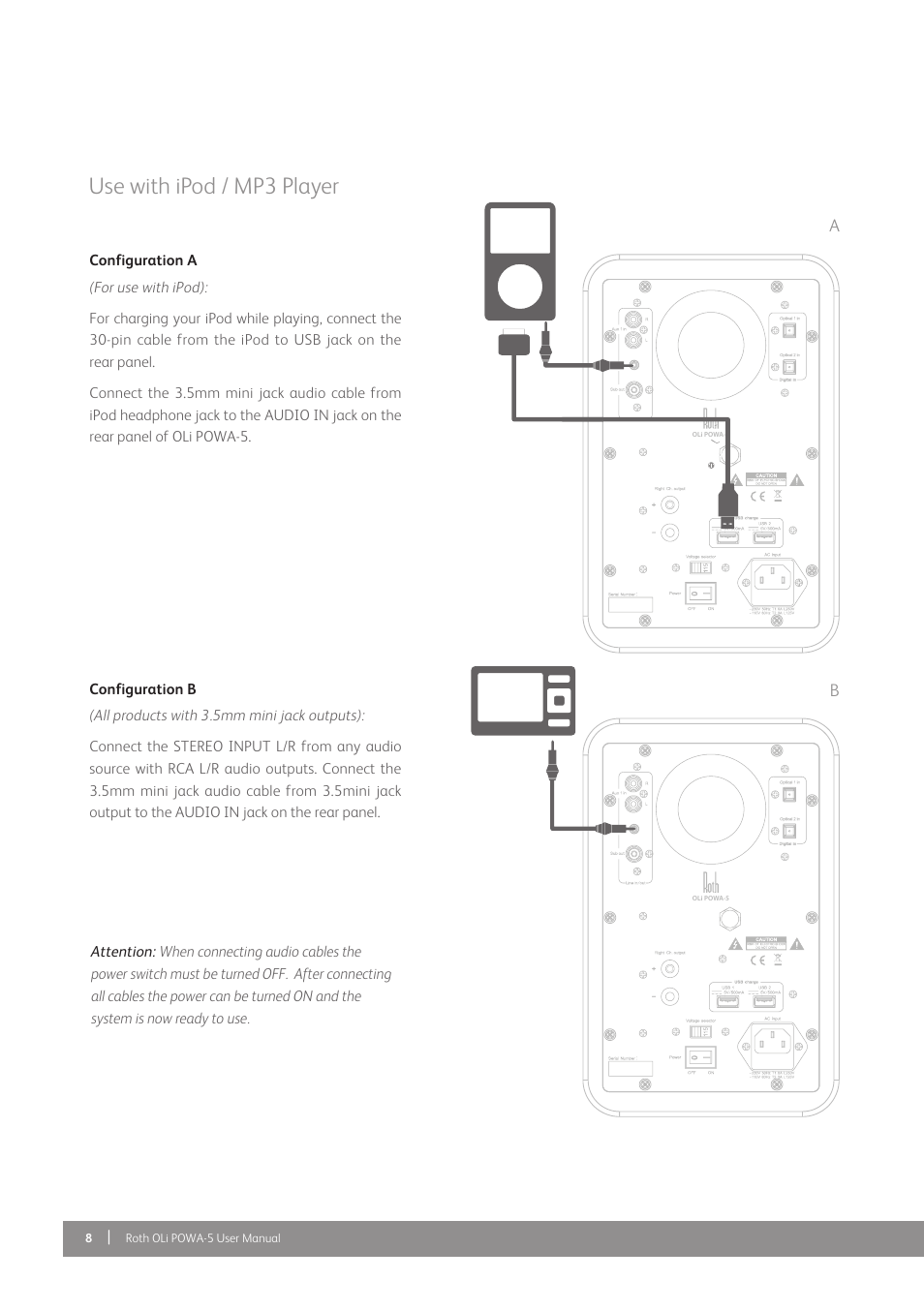 Use with ipod / mp3 player | Roth AV OLi POWA-5 Mk II : Multiple Connectivity Active Monitors User Manual | Page 8 / 12