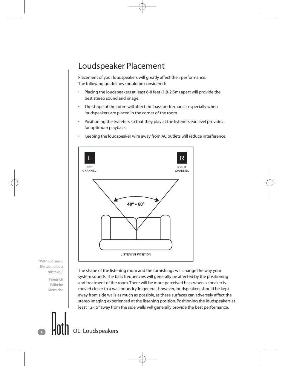 Loudspeaker placement, Oli loudspeakers | Roth AV OLi RA1 : 2 Way 4 Bookshelf Loudspeaker User Manual | Page 4 / 8