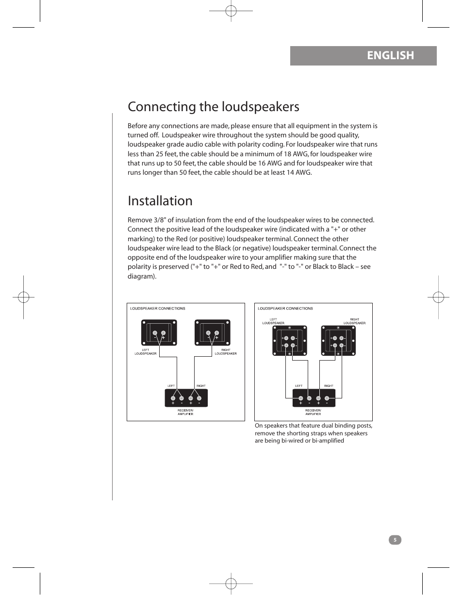 Connecting the loudspeakers, Installation, English | Roth AV OLi RA1 : 2 Way 4 Bookshelf Loudspeaker User Manual | Page 5 / 8