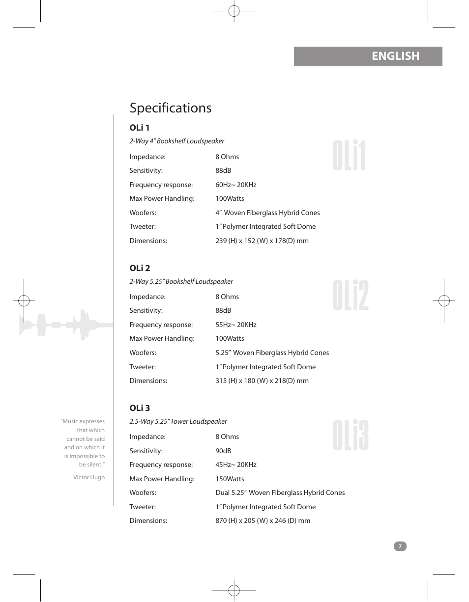 Oli1 oli2 oli3, Specifications, English | Roth AV OLi RA1 : 2 Way 4 Bookshelf Loudspeaker User Manual | Page 7 / 8
