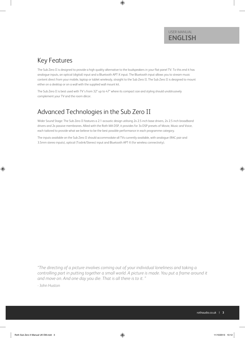 English, Key features, Advanced technologies in the sub zero ii | Roth AV Sub Zero II : TV Soundbar with Bluetooth APT-X User Manual | Page 3 / 16