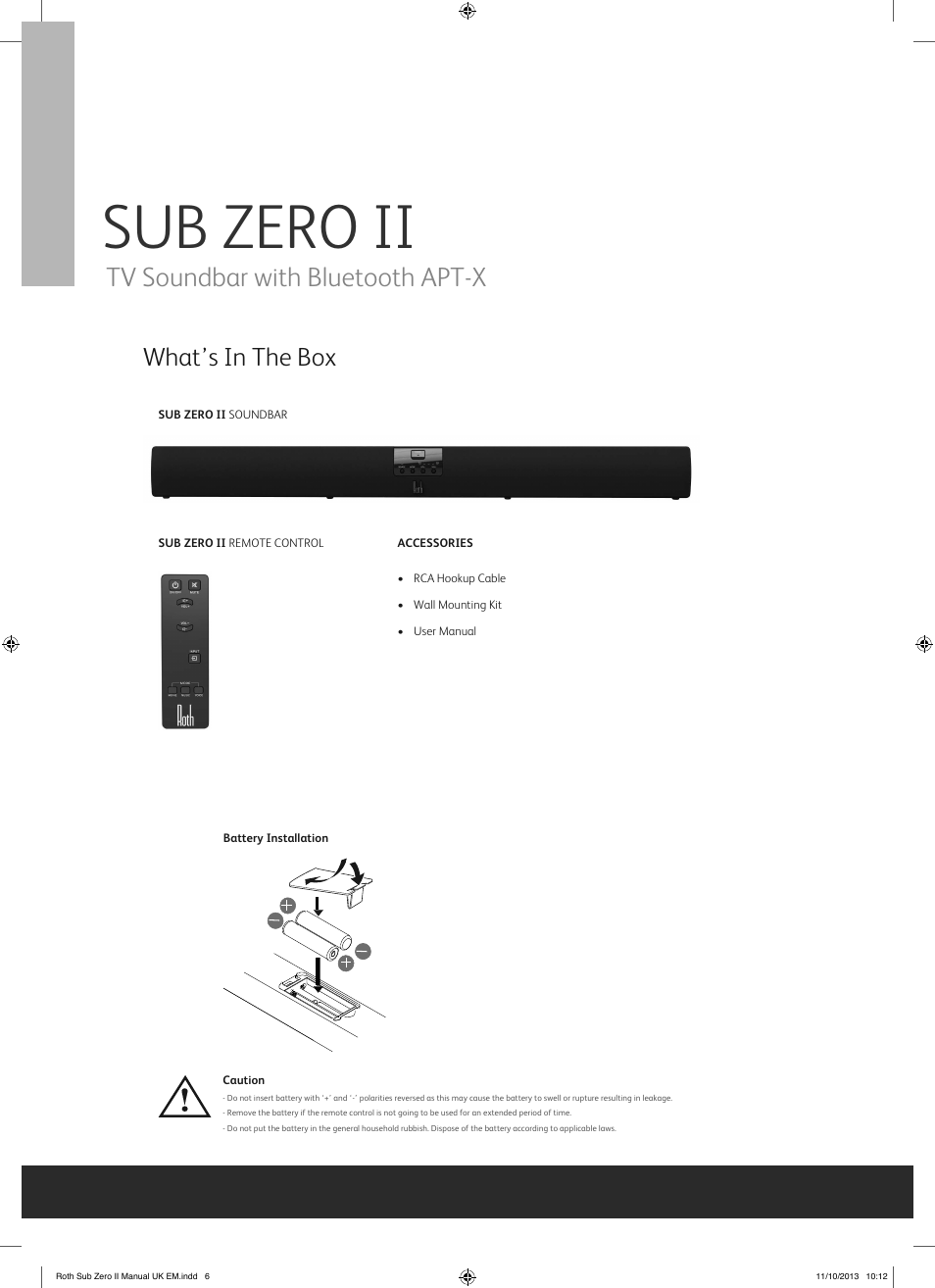 Sub zero ii, Tv soundbar with bluetooth apt-x, What’s in the box | Roth AV Sub Zero II : TV Soundbar with Bluetooth APT-X User Manual | Page 6 / 16