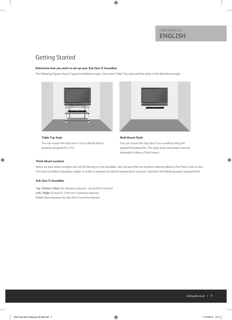 English, Getting started | Roth AV Sub Zero II : TV Soundbar with Bluetooth APT-X User Manual | Page 7 / 16