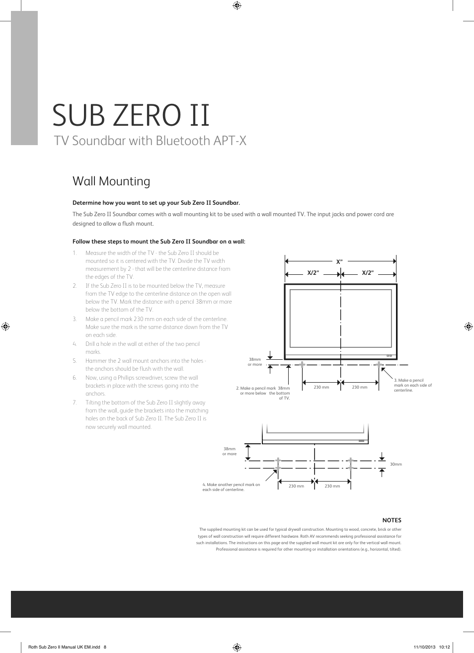 Sub zero ii, Tv soundbar with bluetooth apt-x, Wall mounting | Roth AV Sub Zero II : TV Soundbar with Bluetooth APT-X User Manual | Page 8 / 16