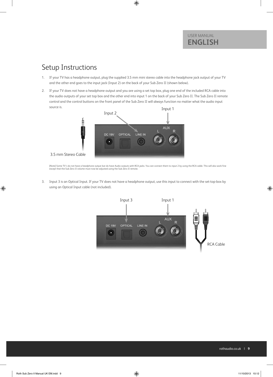 English, Setup instructions | Roth AV Sub Zero II : TV Soundbar with Bluetooth APT-X User Manual | Page 9 / 16