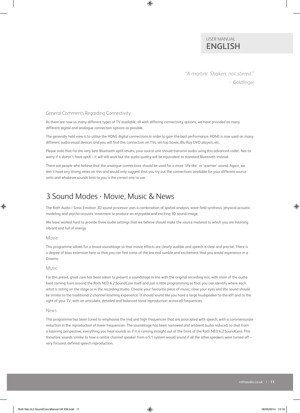 English, 3 sound modes - movie, music & news, A martini. shaken, not stirred | Roth AV NEO 6.2 SoundCore : High Performance TV Sound Base User Manual | Page 11 / 16