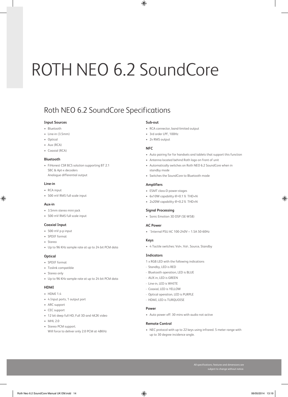 Roth neo 6.2 soundcore, Roth neo 6.2 soundcore specifications | Roth AV NEO 6.2 SoundCore : High Performance TV Sound Base User Manual | Page 14 / 16