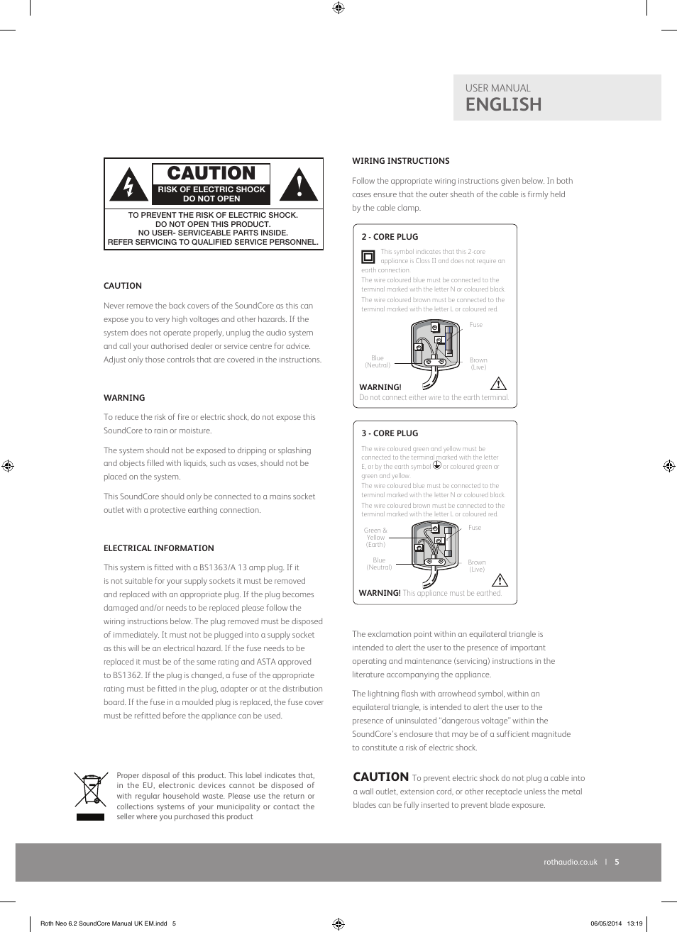 English, Caution | Roth AV NEO 6.2 SoundCore : High Performance TV Sound Base User Manual | Page 5 / 16