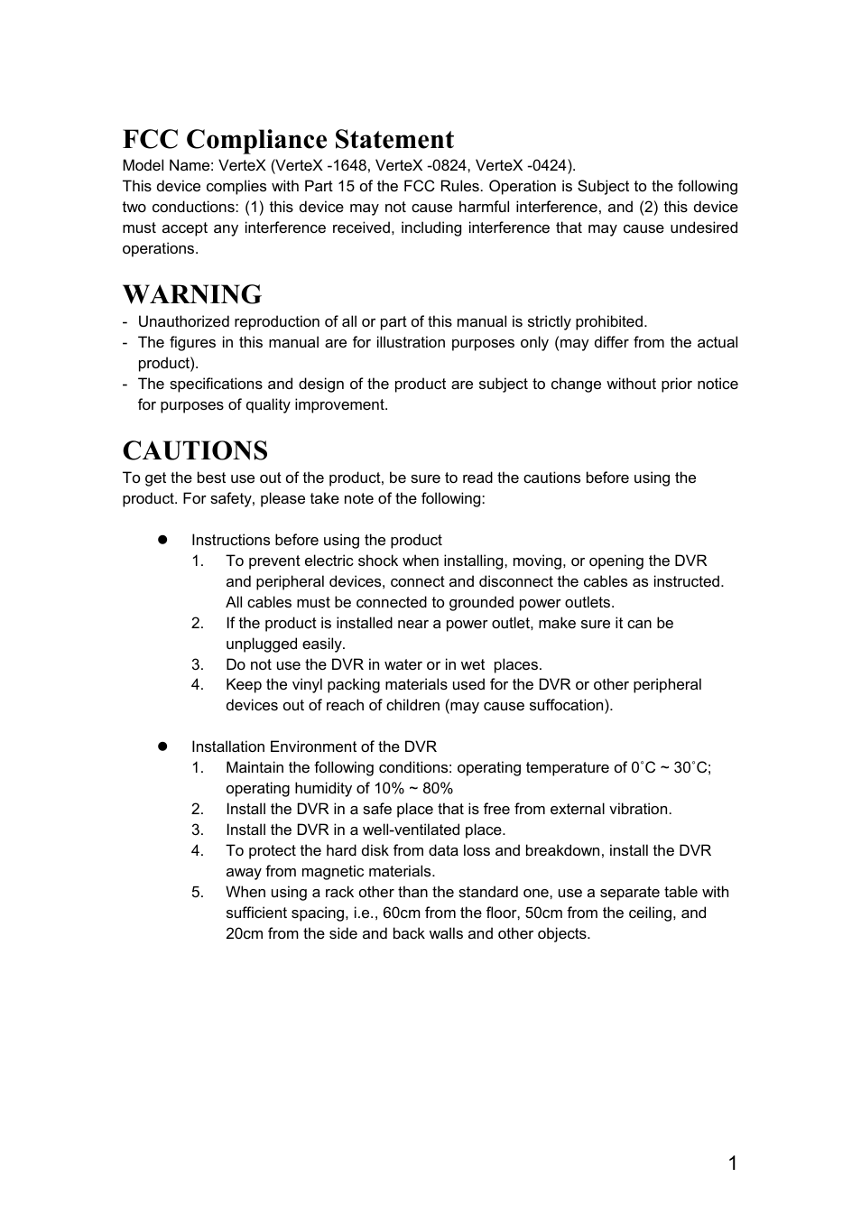 Fcc compliance statement, Warning, Cautions | Rugged Cams Vertex & Vertex RTH User Manual | Page 2 / 89
