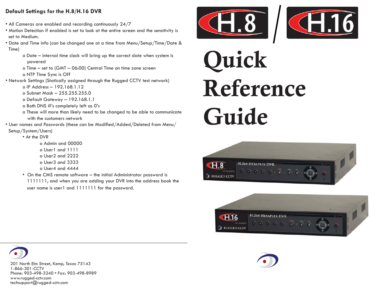 Rugged Cams H.8 / H.16 DVR's User Manual | 2 pages