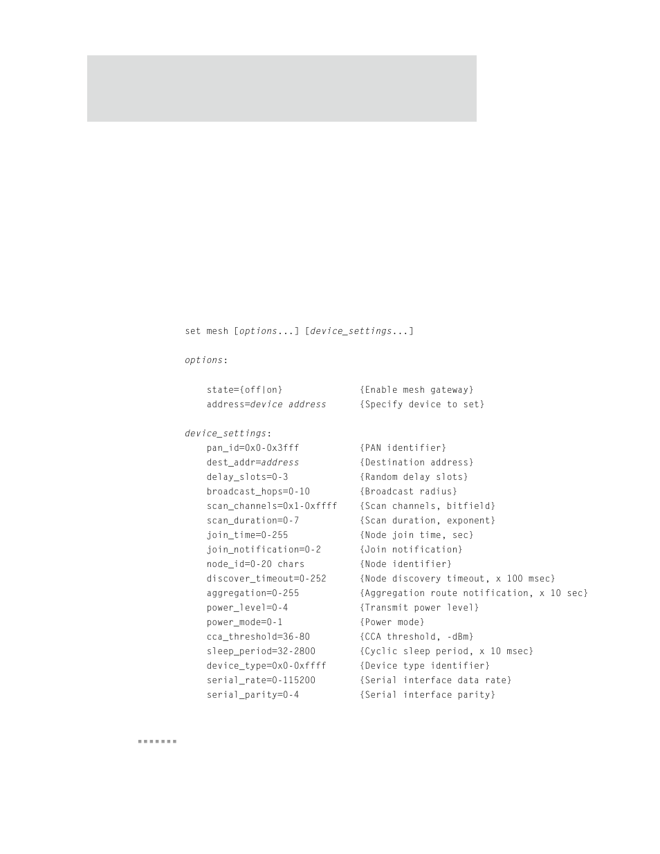 Commands for managing mesh networks and nodes, Set mesh, Configure mesh network settings: command syntax | Digi X2 User Manual | Page 202 / 254